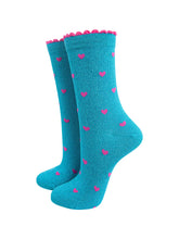 Load image into Gallery viewer, Women’s Socks - Pink/Turquoise Heart Glitter