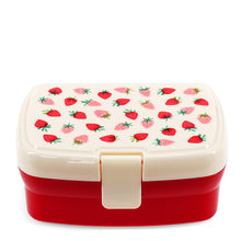 Load image into Gallery viewer, Red lunchbox with clip, with a cream lid with a repeating design of strawberries