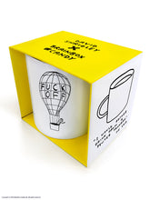 Load image into Gallery viewer, David Shrigley Boxed Mug - FUCK OFF Balloon | £10.00. White ceramic mug with David Shrigley line drawing of a person waving from a hot air balloon which is emblazoned with the words FUCK OFF. The perfect gift for fans of humorous, quirky illustration