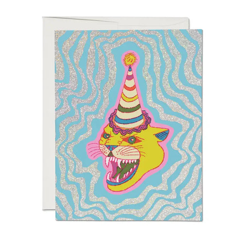 Featuring a fierce looking cat in a stripey party hat, surrounded by lots of glittery swirls radiating out.  illustrated by Krista Perry for Red Cap Cards