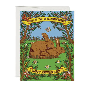 Funny anniversary card featuring a pair of mating rabbits illustrated by Krista Perry by Red Cap Cards.  It reads "still at it after all these years.  Happy Anniversary!"