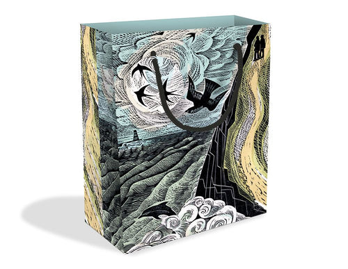 Gift bag featuring beautiful wood cut print by Angela Harding of a path running along clifs and the sea.  Birds are flying in the sky and a doplhin is jumoing in the waves.  In the distance there is a lighthouse.