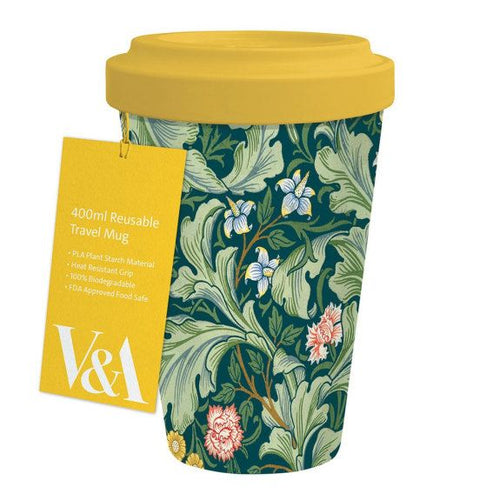 This bamboo travel mug tapers out at the top.  It has a bright yellow lid and the body has the classic Morris & Co. design: Leicester Wallpaper.  It has a dark green background with paler green arching acanthus leaves with small floweres in yellow, pink and red in between