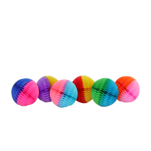 Load image into Gallery viewer, 6 different colour paper honeycomb balls; blue/pink, yellow/lilac, pink/blue, yellow/red, green/blu, and orange/pink