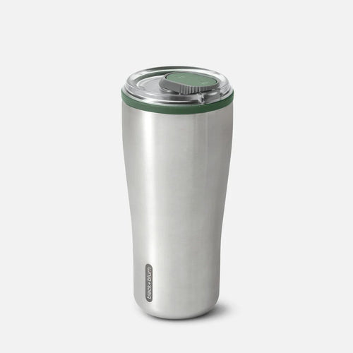 Stainless Steel travel tumbler with clear plastic lid and olive colour trim around the rim and on the opening/locking button on the lid.  The logo of Black and Blum is printed discretly on the side at the bottom.