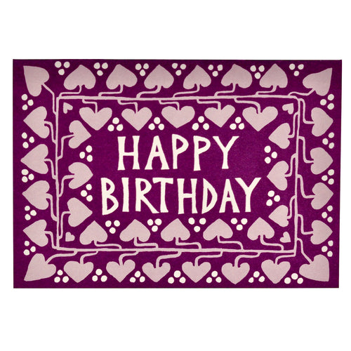 Beautiful card by Cmbridge Imprint with a dark purple background and a vine of paler purple hearts design all around the card, with the hand designed lettering  in white reading 