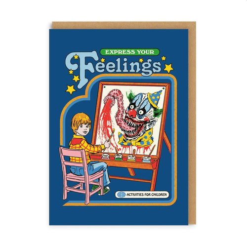 The front of the card features a small child drawing an image of a scary clown with the words 