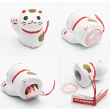 Load image into Gallery viewer, In this picture the flowering fortune cat can be seen from four different angles. It is possible to see how the fortune scroll can be taken out at the bottom.