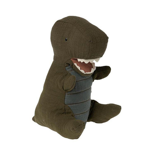 Dinosaur shaped hand puppet in olive green and a blue front.  Its mouth is opum and has soft white fabric teeth.  The mouth can be opened and closed, the head moved and the fore legs moved with ones hand.