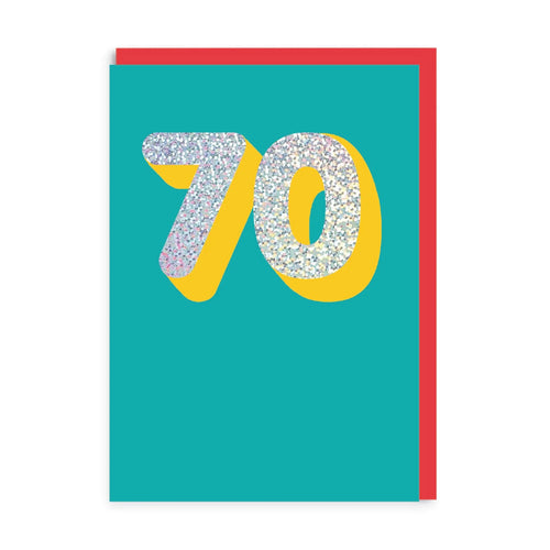 Bright turquoise 70th greetings card. Numbers 7 and 0 in large glittery font with a yellow shadowing.  Comes with a bright red envelope. Perfect card for a young at heart 70 year old!