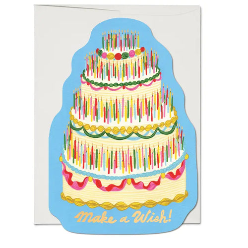 4 layer cake shaped die cut card.  The cake is nicely decorated and has hundreds of multi coloured candles. With gold lettering and candle flames.  Reads 