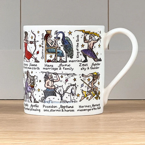 Illustrations of gods and goddesses span the whole of the mug. Each deity has both Greek and Roman names listed, plus a few words about each
