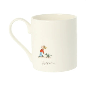 The back of the mug features a smaller Quentin Blake illustration of a child walking their toy dragon in the far left bottom corner