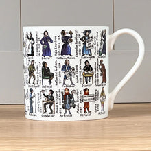 Load image into Gallery viewer, Illustrations of woman that changed the words with their name, date and a couple words about them span the whole of the mug.
