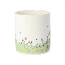Load image into Gallery viewer, the back of the bone china mug features a continuation of grass and butterflies draw by Quentin Blake