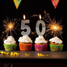 Load image into Gallery viewer, here the sparklers are on cup cakes.  the 2 central cup cakes have number candles on them;50
