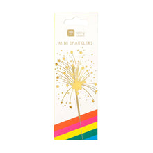 Load image into Gallery viewer, sparklers in their packaging with an illustration of a sparking sparkler and rainbow stripes diagonally across the left corner.  
