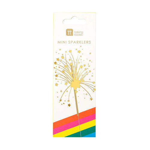 sparklers in their packaging with an illustration of a sparking sparkler and rainbow stripes diagonally across the left corner.  