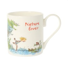 Load image into Gallery viewer, The front of the mug with a Quentin Blake illustration of a woman looking at frogs.