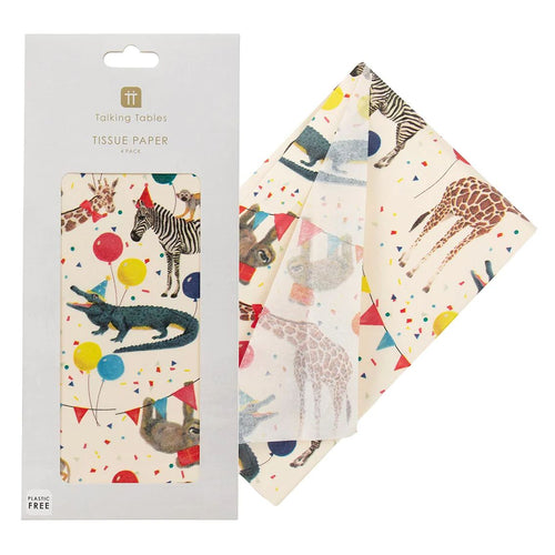 the tissue paper has a white backfround with naturalistically coloured animals wearing brightly coloured party hats and holding balloons.   The pattern also includes colourful bunting and mulit colour confetti.