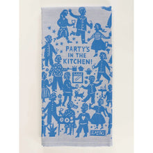 Load image into Gallery viewer, woven blue tea towel with the words "party's in the Kitchen!"  surrounded by lots of people drinking and dancing etc.  In the centre a cooker with pans can be seen, and below a table with food.