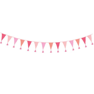 the bunting in four different shades of pink with tassles is seen simply hanging on a white background
