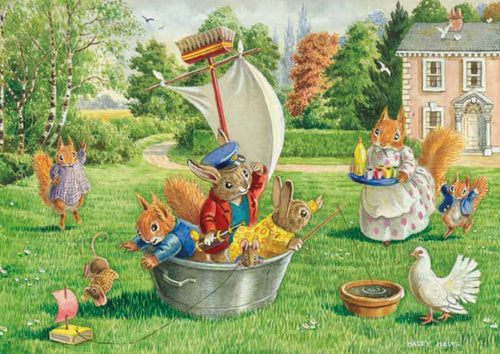 Sweet nostalgic children’s illustration of a squirrel, and bunnies playing pretend boats in an old fashioned metal washtub.  They are in a nice garden and mummy squirrel is bringing out refreshments on a tray.