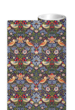Load image into Gallery viewer, William Morris, Strawberry Thief design roll wrap.  The colours are dark navy background, with blues, greens, cream and red depicting the birds, plants and berries.
