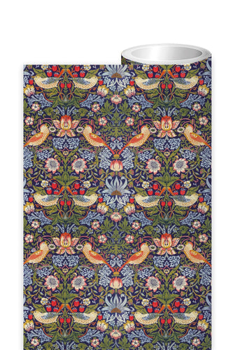 William Morris, Strawberry Thief design roll wrap.  The colours are dark navy background, with blues, greens, cream and red depicting the birds, plants and berries.