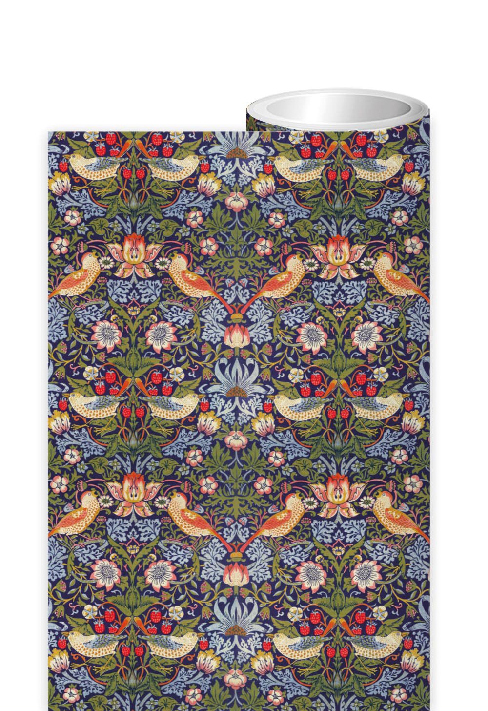 William Morris, Strawberry Thief design roll wrap.  The colours are dark navy background, with blues, greens, cream and red depicting the birds, plants and berries.