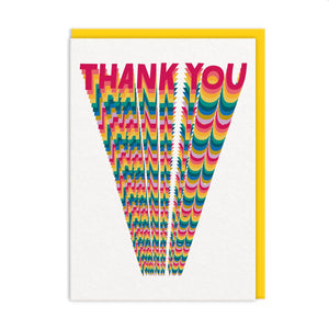 The front of the card has the words "thank you" in bold writing with the same repeating words in different colours behind it. 