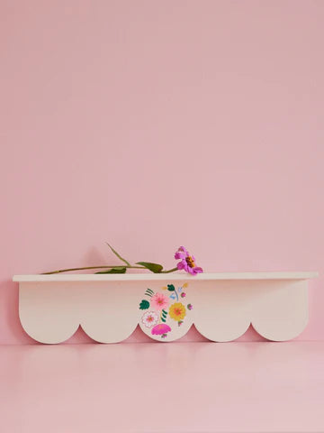 Wood Shelf, Off White With Hand Painted Flowers