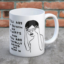 Load image into Gallery viewer, David Shrigley Boxed Mug - Bunch of Twats | £10.00. White ceramic mug with David Shrigley line drawing. The perfect gift for fans of humorous, quirky illustration.