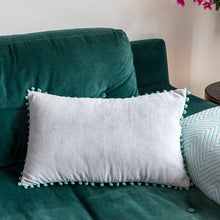 Load image into Gallery viewer, Pale Grey Velvet Pom Pom Cushion
