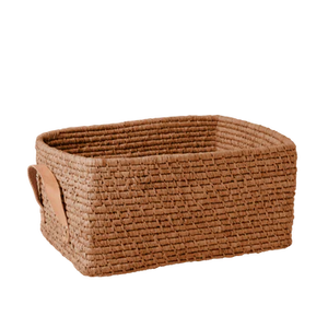 Raffia Rectangular Basket With Leather Handles, Tea