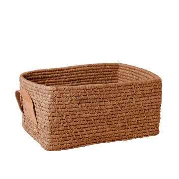 Raffia Rectangular Basket With Leather Handles, Tea