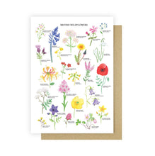 Load image into Gallery viewer, This card by Sarah Frances features her delicatley painted British wildflowers dotted around the card with their common name and latin name printed beside them.  Flowers illustrated include cuckoo flower, bluebell, common valerian, red campion, forget-me-not, creeping thistle, meadow buttercup,dandielion, snowdrop, honeysuckle, scarlet pimpernel, heather, common poppy, queen anne's lace, pyramidal orchid, cowslip, wall lettuce, jacob's ladder, red clover, welsh poppy, wood sorrel and st john's wort.