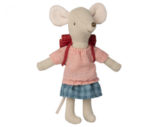 Load image into Gallery viewer, maileg toy mouse wearing a red gingham top, and a larger checked blue on blue skirt.  On her back she has a red satchel
