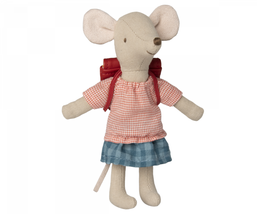 maileg toy mouse wearing a red gingham top, and a larger checked blue on blue skirt.  On her back she has a red satchel