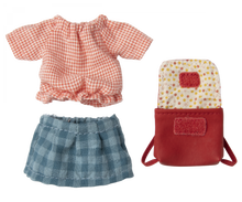 Load image into Gallery viewer, a photo of the tryicycle mouse&#39;s clothes, the red and white gingham shirt, the blue check skirt and the red satched which is seen open showing its velcro closure and its spotty lining
