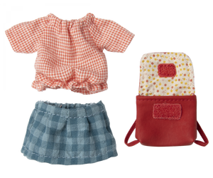 a photo of the tryicycle mouse's clothes, the red and white gingham shirt, the blue check skirt and the red satched which is seen open showing its velcro closure and its spotty lining