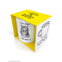 Load image into Gallery viewer, David Shrigley Boxed Mug - I Eat People | £10.00. White ceramic mug with David Shrigley line drawing of a tiger with the words "I eat people, I like doing it". The perfect gift for fans of humorous, quirky illustration.
