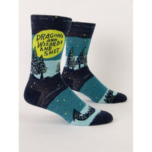 Load image into Gallery viewer, Socks with night time landscape and trees and a dragons tail emerging from the ground.  The text “Dragons and Wizards and Shit” is written in capitals in the large full moon.