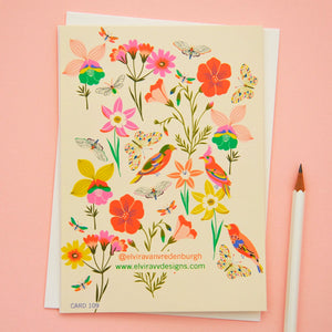 Flowers, Butterflies & Bees Card by Elvira Van Vredenburgh