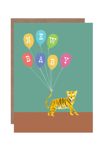 Tiger with Balloons New Baby Card by Hutch Cassidy