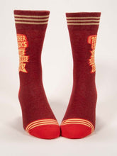 Load image into Gallery viewer, Teachers Rock Socks Men’s crew Socks by Blue Q | £11.95. Ethical and sustainable socks with quirky, humorous designs and vibrant colours.  This design is in red with the words “Teacher Socks, ‘cause teachers rock!” in comic-style writing”. Perfect gift for teachers. 
