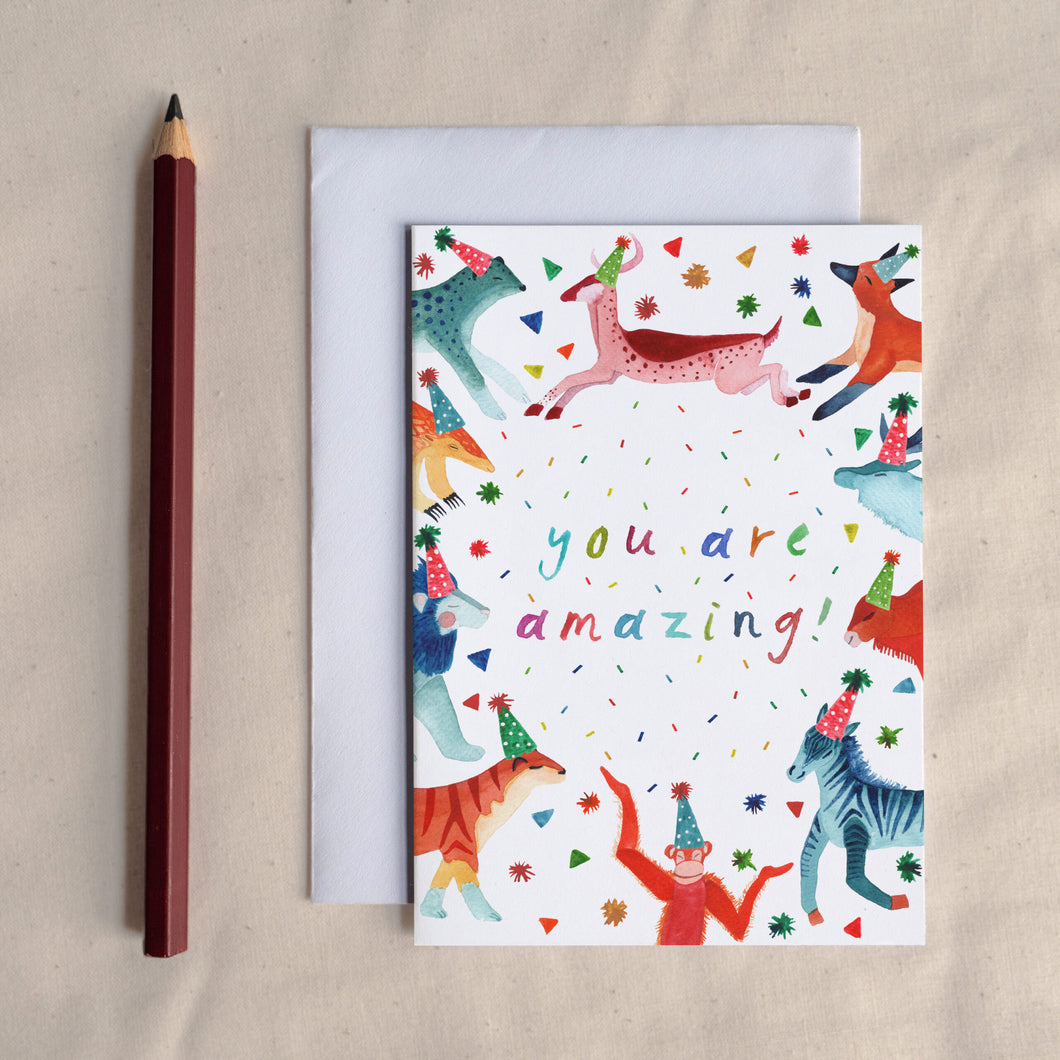You Are Amazing - Colourful Animals Greetings Card by Hattie Buckwell