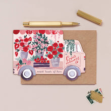 Load image into Gallery viewer, Delivery van shaped valentines card with the words &#39;Cupid&#39;s deliveries - truck loads of love&#39;. The van is decorated beautifully with buckets of flowers and greenery.
