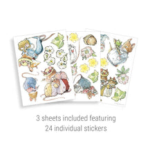 Load image into Gallery viewer, Three sheets of illustrated stickers featuring characters and flowers from Brambly Hedge Stories on a white background.
