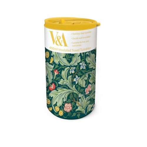 Coffee cup, straight up and down shape, with beautiful William Morris & Co. Design; Leicester Wallpaper.  The design has a dark green background with pale arching green acanthus leaves punctuated by flowers in yellow, pink and red